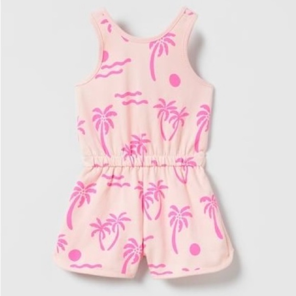 ZARA Kids Girls Pink White Palm Tree Beach Summer Vacation Romper